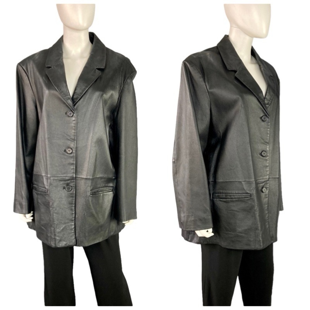 Classic black leather not collared button minimal blazer Jacket 2X